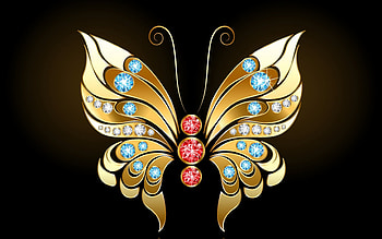 Butterfly, blue, golden, black, yellow, red, diamond HD wallpaper