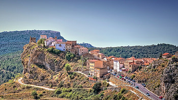 lovely mountain village in spain, street, sky, cliff, village, mountain HD wallpaper
