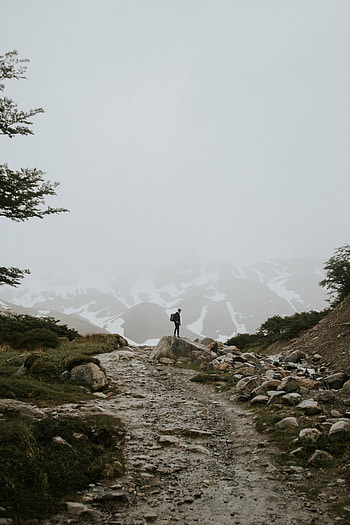 Mountains, Miscellanea, Miscellaneous, Road, Fog, Human, Person, Loneliness HD phone wallpaper