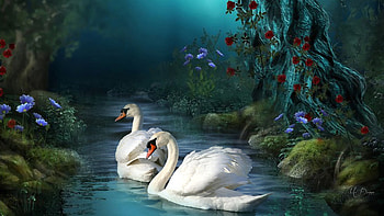 Swan Fantasy Forest, birds, woods, mystical, lake, swans, fantasy, magical, mates, forest, pond HD wallpaper