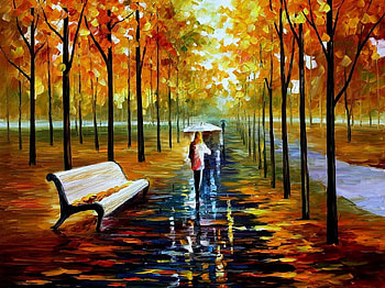 Leonid Afremov - Walking in the park, umbrella, art, people, tree, park, leonid afremov, painting, autumn, ride, seat HD wallpaper