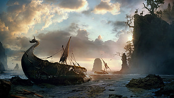 viking ships, sea, cliffs, wrecks, longboats, deer, rocks HD wallpaper