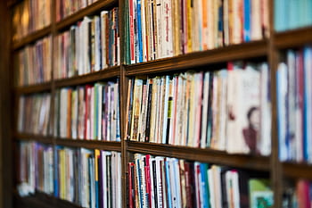 A detailed close-up view of a bookshelf in a library, showcasing various books. HD wallpaper