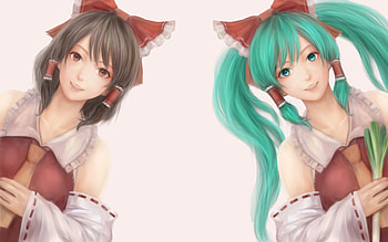 hakurei reimu and hatsune miku, short, twintails, touhou, vocaloid, hair HD wallpaper