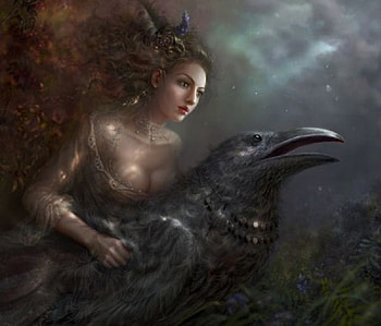 Raven Girl, artwork, raven, cg, fantasy, necklace, sky, flowers, female HD wallpaper