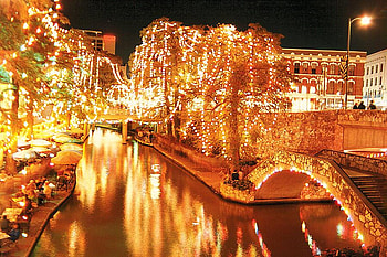 Light Reflections at San Antonio, golden, lights, christmas, bridge, water, reflections HD wallpaper