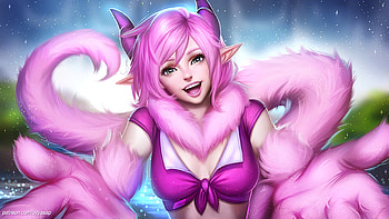 Flora the fluff snake, blue, tails, art, ayyasap, girl, fox, pink, fantasy, luminos, flora HD wallpaper