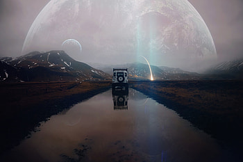 Landscape, Water, Fantasy, Mountains, Alien, Reflection, Suv, hop, Meteorite, Extraterrestrial, Travel HD wallpaper
