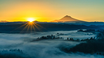 Mt. Hood, Oregon, landscape, sun, usa, sunrise, fog HD wallpaper