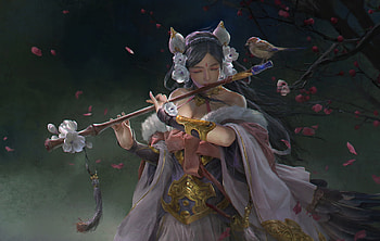 Cai Wenji, zhaozhonglu, frumusete, flute, art, caiwenji, gorgeous, girl, dark, superb, instrument, gantasy, luminos HD wallpaper