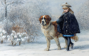 Little girl with her dog, caine, winter, dog, otto eerelman, art, girl, little, copil, painting, iarna, pictura, snow, child HD wallpaper