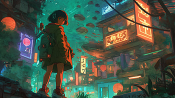 Cyberpunk Dreams: of an Anime Girl in a Ghibli-Inspired World, Anime, anime girl, cyberpunk, Studio Ghibli HD wallpaper