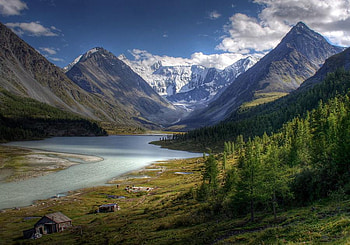 Landscape, river, sky, grass, mountain HD wallpaper