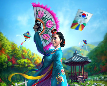 Beautiful korean dancer, blue, frumusete, warrenlouw, asian, dancer, art, girl, fan, woman, kite, pink, fantasy, korea, luminos HD wallpaper