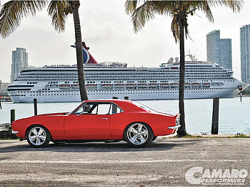 Pro Cool, fat tires, ship, red, bowtie, sky, camaro, palm tress HD wallpaper