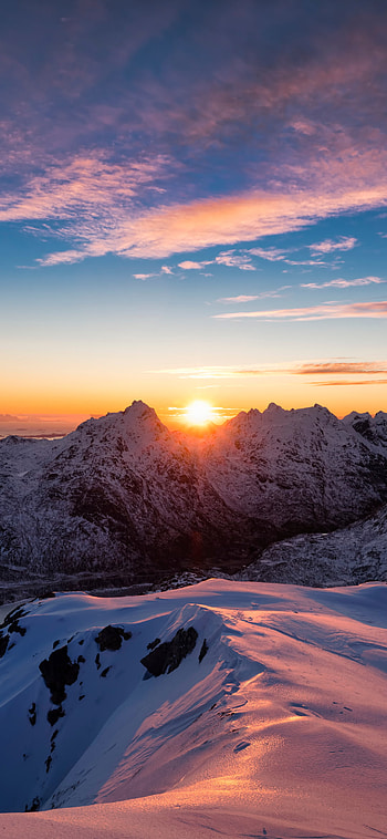 sunrise, snow, mountain, Norway, nature, landscape, Snowy Mountain HD phone wallpaper