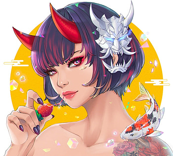 Demoness, girl, demon, horns, art, hayami, dhemitchan, fantasy, pesti, yellow, red, face, fish HD wallpaper