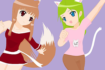 Best Of friends, two, best friends, white bow, red eyes, wolf, white cat, red mini dress, friends, blue eyes, brown trousers, cat, spice and wolf, anime, brown hair, green hair, holo, lillia, girls, pink top HD wallpaper