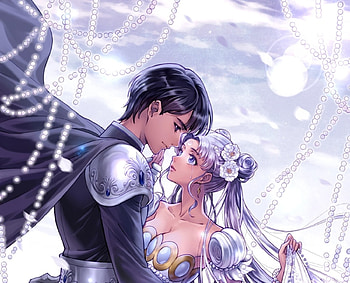 Prince Endymion & Princess Serenity, long hair, dress, Sailor Moon, cape, short hair, couple, pearls, blonde hair, sweet, white, man, girl, beautiful, anime girl, boy, anime, pretty, love, prince, anime couple, flowers, princess, lovely HD wallpaper