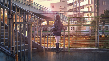 Anime Girl Platform Watching Train , anime-girl, anime, artist, artwork, digital-art HD wallpaper
