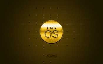 MacOS logo, yellow shiny logo, MacOS metal emblem, yellow carbon fiber texture, MacOS, brands, creative art HD wallpaper