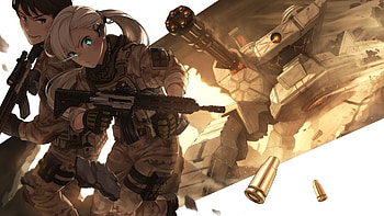 Anime Girl, Military, Soldier, Anime Boy, Guns, White Hair, Battle HD wallpaper