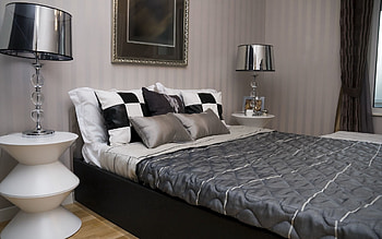 Interior, Miscellanea, Miscellaneous, Design, Lamp, Room, Style, Bed, Black And White, Black-And-White, Cage, Cell, Pillows, Cushions, Apartment, Flat HD wallpaper