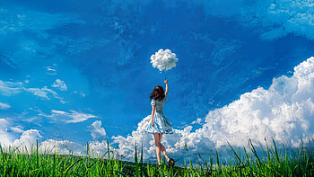 Anime Girl Chasing Blue Sky Dreams, anime-girl, blue, sky, dreams, grass, artwork, art, digital-art, ai, artist HD wallpaper