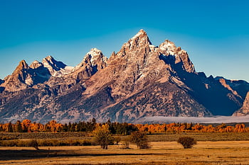 Breathtaking autumn landscape of Grand Teton with snow-capped peaks and colorful trees. HD wallpaper