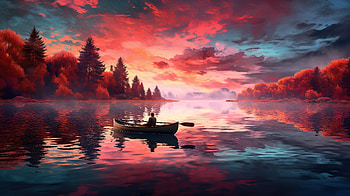 Finding Peace On The Lake, artist, artwork, art, digital-art, nature, ai, boat, trees, mountains, sky, deviantart HD wallpaper