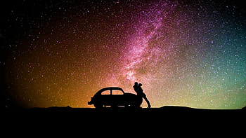 Silhouette car hug, Milky way in the background, Cosmic love, Romantic atmosphere HD wallpaper