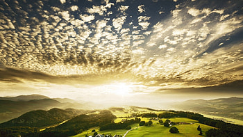 Nature, Sky, Mountains, Clouds, Shine, Light, Height, View, dom, Cirrus HD wallpaper