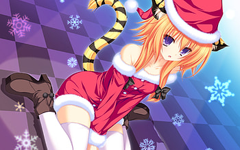 Momono Mao, white, kitty, girl, cat, tail, orange, snowflakes, neko, anime, snow, christmas, red, santa, hat HD wallpaper