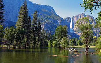 Yosemite National Park, California, rocks, evening, river, waterfall, trees, usa HD wallpaper