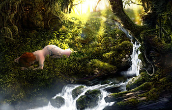 depressed girl, art, girl, green, trees, nature, cascade, water, calm, forrest, down HD wallpaper