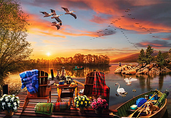 Breakfast at the Lake, chairs, boat, dog, ducks, table, clouds, pier, sunrise, flowers HD wallpaper