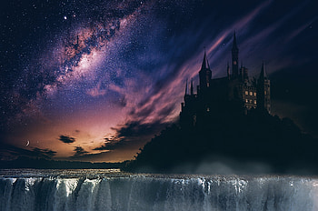 Beyond the stars, night, galaxy, waterfall, space, sky, stars, castle HD wallpaper