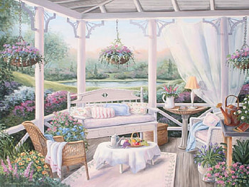 Lounging Around, plants, lamp, tea pot, chairs, patio, plate, cushion, pond, bench, curtains, rug, table, frame, fruits, hanging plants, water can, flowers, wooden floor HD wallpaper