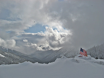 at the summit, snow, clouds, sky, flag, america HD wallpaper