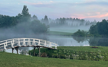 Sunrise Mist in Latvia, mist, bridge, Latvia, sunrise, lake HD wallpaper