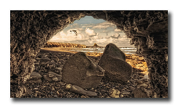 Rocky Beach, bird, arch, breakers, rocks, stones, beach HD wallpaper