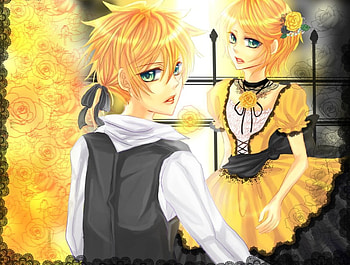 ~Yellow Roses~, roses, blonde, rin and len kagamine, vocaloid, dress, anime, petals, yellow, flowers HD wallpaper