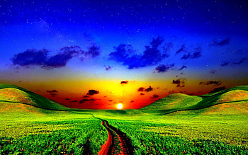 PATHWAY to HORIZON, field, path, clouds, meadow, sky, stars, sunset HD wallpaper