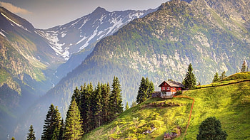 snowy peak switzerland, snow, house, hills, fence, valley, mountains, pines HD wallpaper