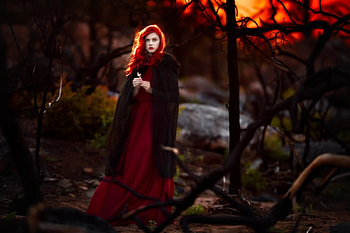 Beauty, woods, girl, woman, lady, face, sky, redhead, splendor, fire, forest, sunset, female HD wallpaper