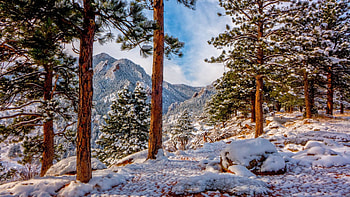 Rocky Mountains, Colorado, winter, snow, clouds, trees, sky, rocks, usa HD wallpaper