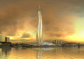 Gazprom Tower, cities, sunsets, clouds, sky, water, towers HD wallpaper