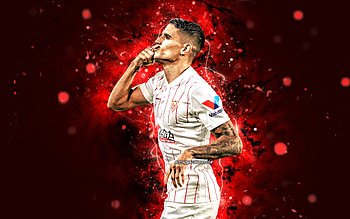 Erik Lamela, , 2021, Sevilla FC, argentinian footballers, La Liga, red neon lights, Erik Manuel Lamela Cordero, soccer, LaLiga, Erik Lamela Sevilla, Erik Lamela HD wallpaper