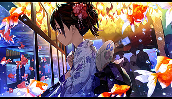 :-), golden, kimono, window, girl, orange, summer, amagai tarou, anime, fantasy, fish, manga HD wallpaper