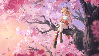 Yoimiya Sitting On Tree Branch Genshin Impact HD wallpaper